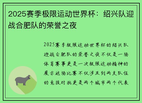2025赛季极限运动世界杯：绍兴队迎战合肥队的荣誉之夜