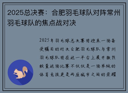 2025总决赛：合肥羽毛球队对阵常州羽毛球队的焦点战对决
